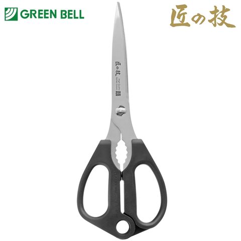 GREEN BELL 綠貝 日本製匠之技多功能可拆式不鏽鋼直刃長10公分大型廚房鋸齒剪刀G-2033弧形握把掛洞料理剪刀