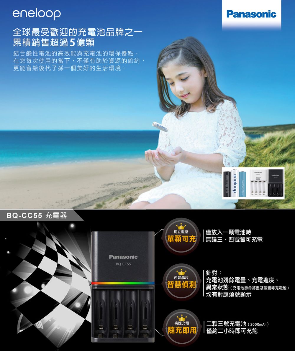 全球最受歡迎的充電池品牌之一累積銷售超過5億顆結合鹼性電池的高效能與充電池的環保優點在您每次使用的當下,不僅有助於資源的節約,更能留給後代子孫一個美好的生活環境PanasonicBQ-CC55 充電器eneloopPanasonicBQ-CC55eneloop獨立迴路僅放入一顆電池時單顆可充無論三、四號皆可充電內建晶片智慧偵測針對: 充電池殘餘電量、充電進度、異常狀態(充電池壽命將盡及誤置非充電池)均有對應燈號顯示疾速充電二顆三號充電池(2000mAh)隨充即用僅約二小時即可充飽