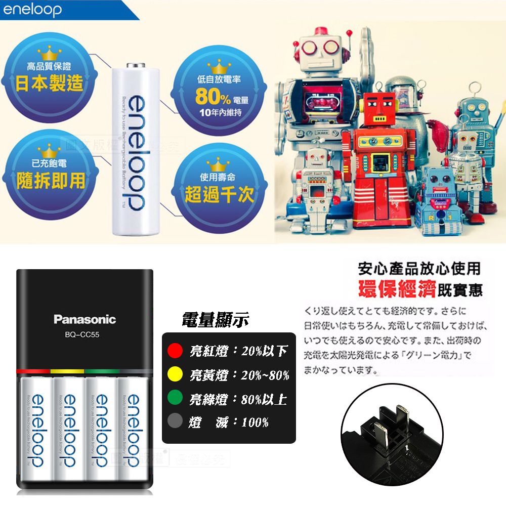 eneloop80% 電話10年內維持日本製造低自放電率高品質保證已充飽電隨拆即用eneloop使用壽命超過千次Ⓡ安心產品放心使用環保經濟既實惠くり返し使えてとても経済的です。 さらに日常使いはもちろん、 充電して常備しておけば、いつでも使えるので安心です。 また、出荷時の充電を太陽光発電によるグリーン電力」でまかなっています。Panasonic電量顯示BQ-CC55eneloopeneloopeneloop亮紅燈:20%以下亮黃燈:20%~80%亮綠燈:80%以上燈滅:100%必先eneloop