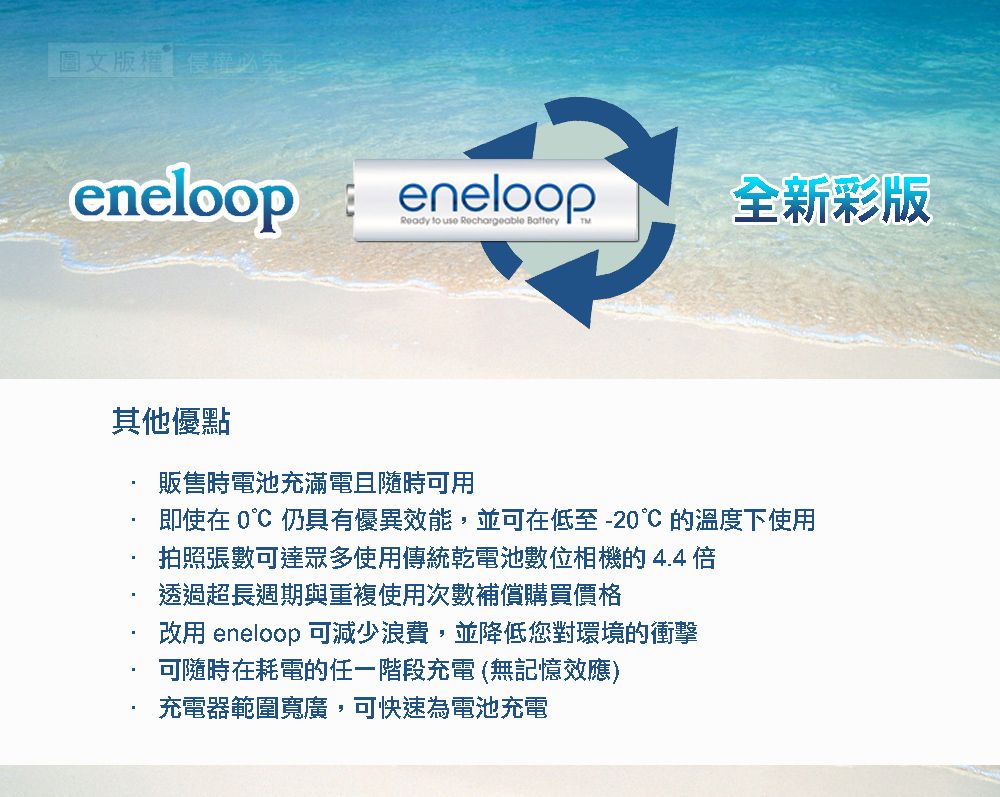 圖文版權eneloopeneloop全新彩版Ready to use Rechargeable Battery其他優點販售時電池充滿電且隨時可用即使在  仍具有優異效能,並可在低至-20的溫度下使用拍照張數可達眾多使用傳統乾電池數位相機的4.4透過超長週期與重複使用次數補償購買價格改用 eneloop 可減少浪費,並降低您對環境的衝擊可隨時在耗電的任一階段充電(無記憶效應)充電器範圍寬廣,可快速為電池充電
