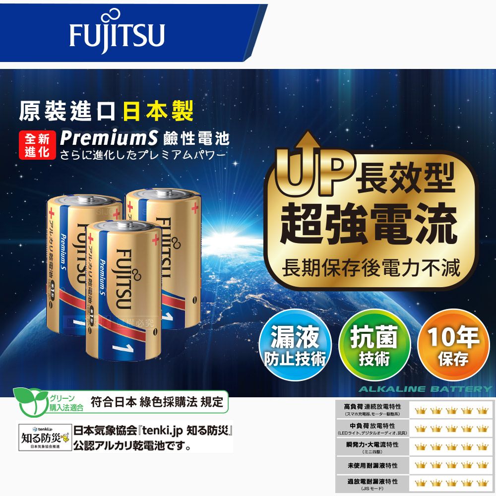 原裝進口日本製全新 PremiumS 鹼性電池 さらに進化したプレミアムパワーPremiumFJITSU PremiumU必究 長效超強電流長期保存後電力不減抗菌10年防止技術技術保存ALKALINE BATTERY符合日本 綠色採購法 規定購入法適合防災日本公認アルカリ乾電池です。日本気象協会 tenki.jp 防災高負荷 放電特性夕型中負荷放電特性(LED夕儿一才玩具力大電流特性(三未使用漏液特性過放電耐漏液特性(JIS E F)