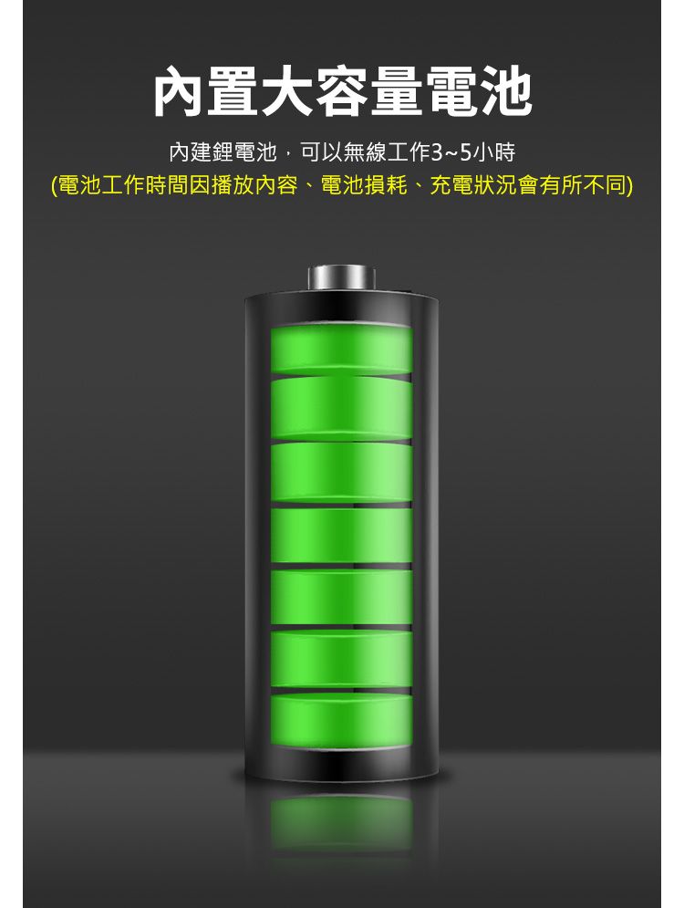 內置大容量電池內建鋰電池,可以無線工作3~5小時(電池工作時間因播放內容、電池損耗、充電狀況會有所不同)