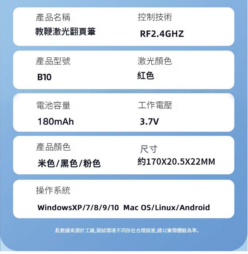 產品名稱教鞭激光翻頁筆產品型號B10電池容量180mAh控制技術RF2.4GHZ激光顏色紅色工作電壓3.7V產品顏色尺寸米色/黑色/粉色約170X20.5X22MM操作系統WindowsXP/7/8/9/10 Mac OS/Linux/Android此數據來源於工廠,測試環境不同存在合理誤差,請以實際體驗為準。