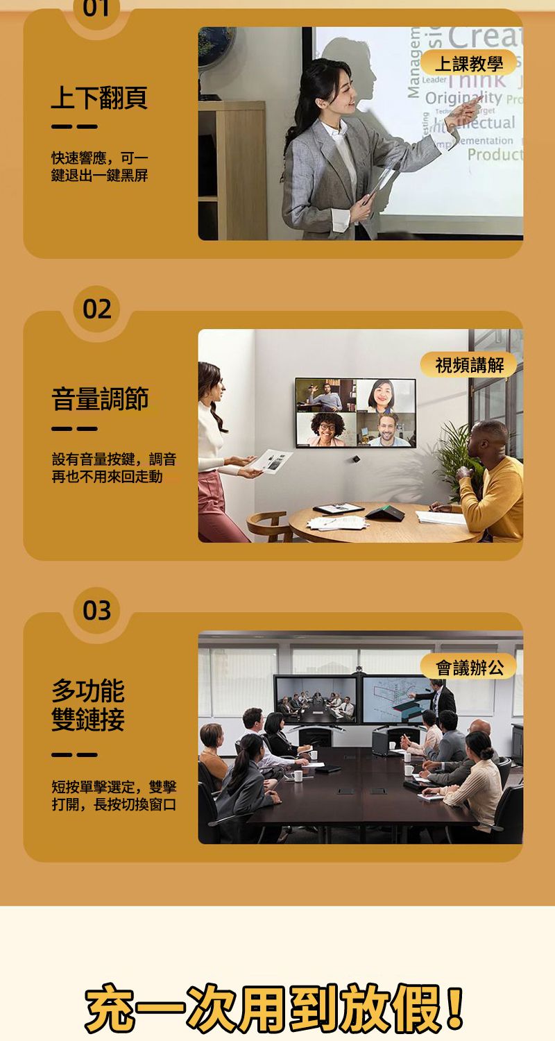 01上下翻頁快速響應,可一鍵退出一鍵黑屏02音量調節設有音量按鍵,調音再也不用來回走動03多功能雙鏈接短按單擊選定,雙擊打開,長按切換窗口ManagemCrea上課教學Leader  Tech mpementationProduct視頻講解會議辦公一次放假!