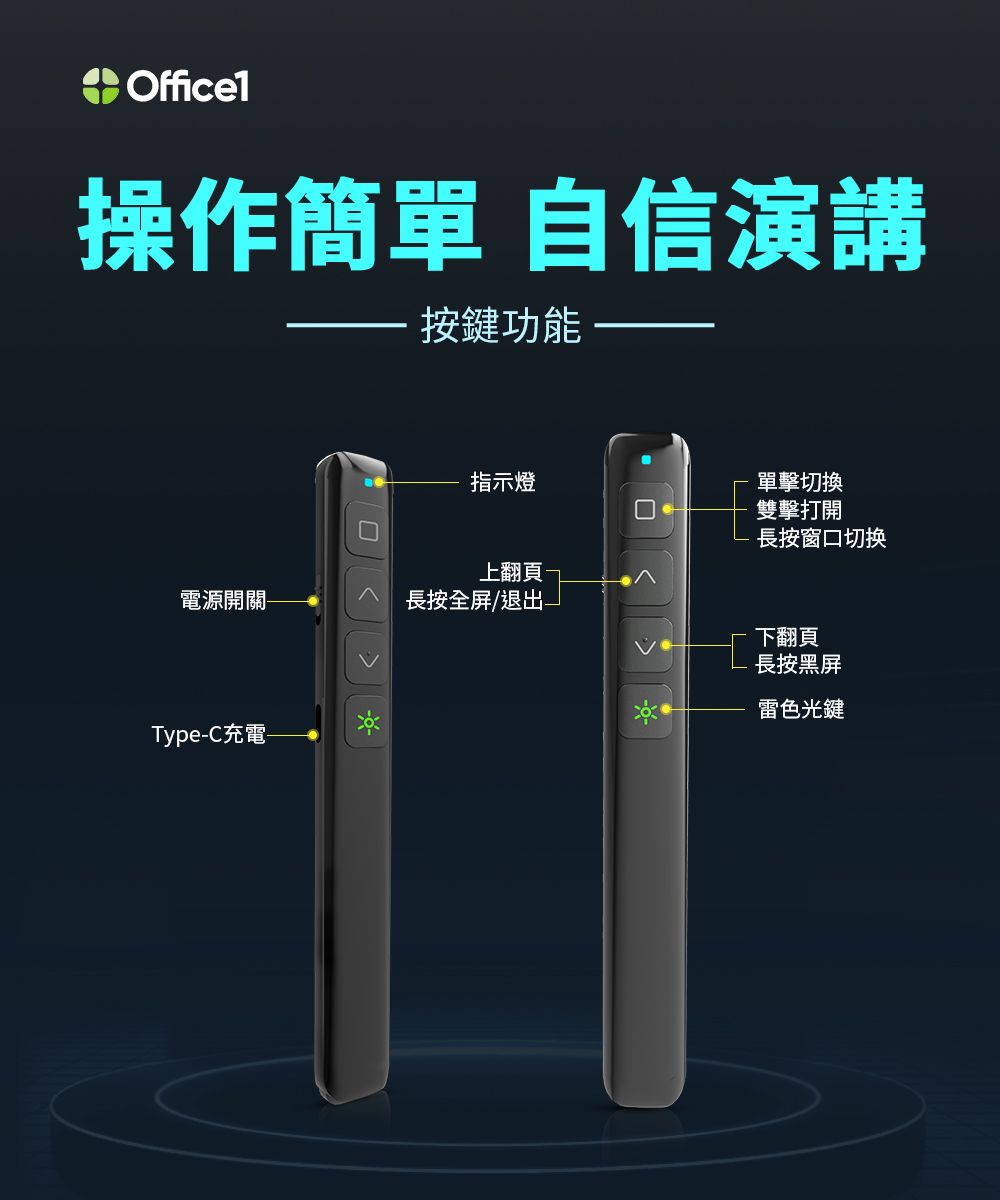 Officel操作簡單 自信演講按鍵功能電源開關-Type-C充電-指示燈上翻頁-長按全屏/退出單擊切換雙擊打開長按窗口切换下翻頁長按黑屏雷色光鍵