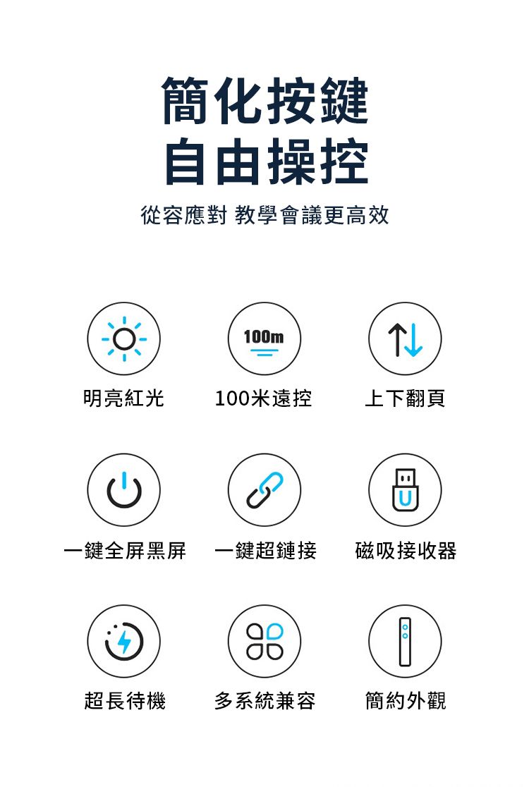 簡化按鍵自由操控從容應對 教學會議更高效100m明亮紅光100米遠控上下翻頁一鍵全屏黑屏一鍵超鏈接磁吸接收器88超長待機多系統兼容簡約外觀