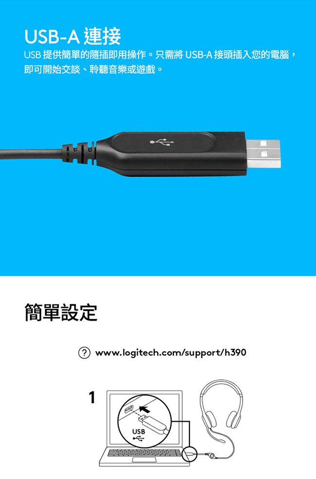 USB-A 連接USB 提供簡單的插即用操作。只需將USB-A 接頭插入您的電腦,即可開始交談、聆聽音樂或遊戲。簡單設定 www.logitech.com/support/h3901USB