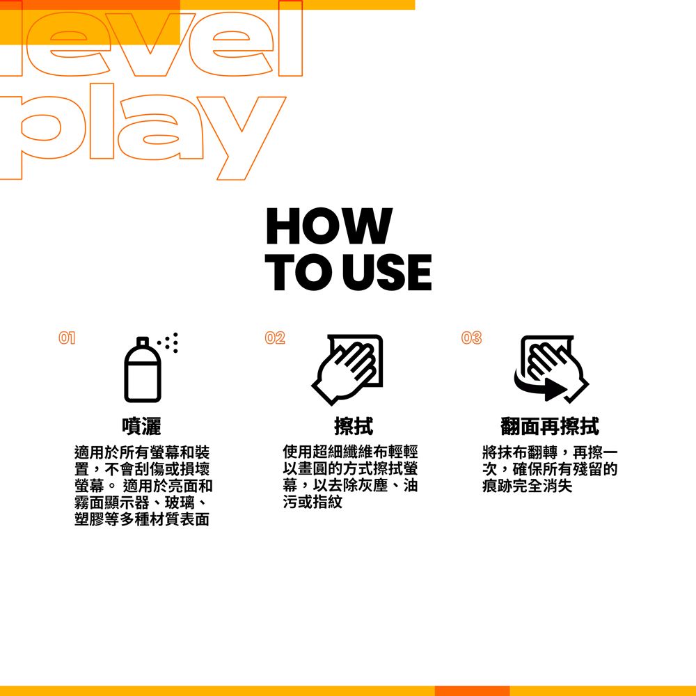 playHOWTO USE01噴灑適用於所有幕和裝置,不會刮傷或損壞螢幕。 適用於亮面和霧面顯示器、玻璃、塑膠等多種材質表面02擦拭使用超細纖維布輕輕以畫圓的方式擦拭螢幕,以去除灰塵、油污或指紋03翻面再擦拭將抹布翻轉,再擦一次,確保所有殘留的痕跡完全消失