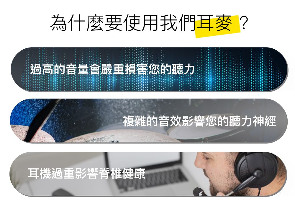 為什麼要使用我們耳麥?過高的音量會嚴重損害您的聽力複雜的音效影響您的聽力神經耳機過重影響脊椎健康