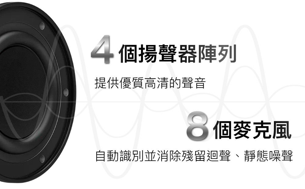 4揚聲器陣列提供優質高清聲音 個麥克風自動識別並消除殘留迴聲、靜態噪聲