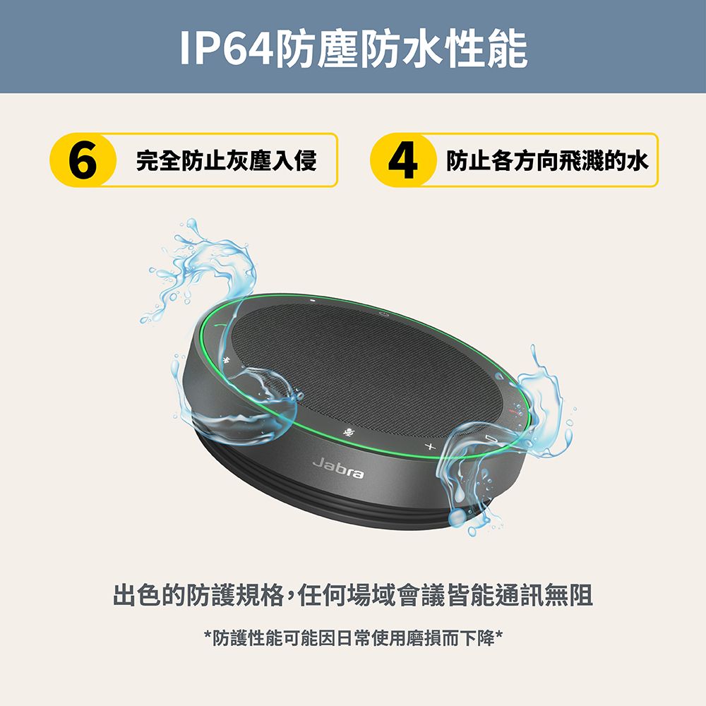 IP64防塵防水性能6 完全防止灰塵入侵 4 防止各方向飛濺的水Jabra出色的防護規格,任何場域會議皆能通訊無阻*防護性能可能因日常使用磨損而下降*