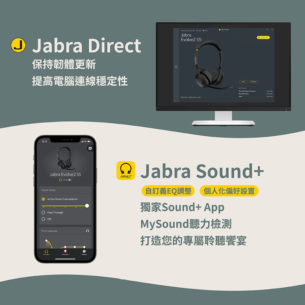 Jabra irect保持韌體更新提高電腦連線穩定性JabraEvolve2 55Jabra Evolve2 55 D ModesActive Noise Cancellation HearThroughOff Device ready for  Jabra Sound+Jabra義EQ調整 個人化偏好設置獨家Sound+AppMySound聽力檢測打造您的專屬聆聽饗宴About