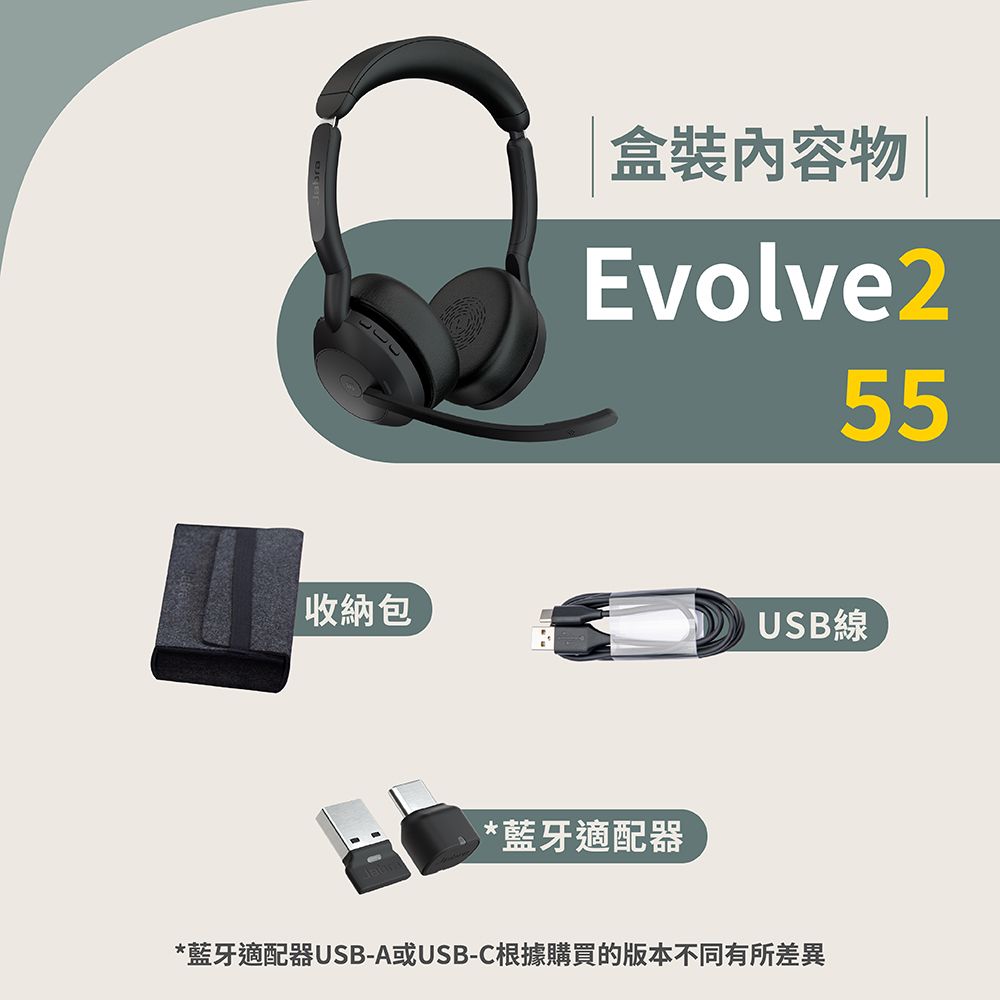 盒裝物Evolve255收納包USB線*藍牙適配器*藍牙適配器USB-A或USB-C根據購買的版本不同有所差異