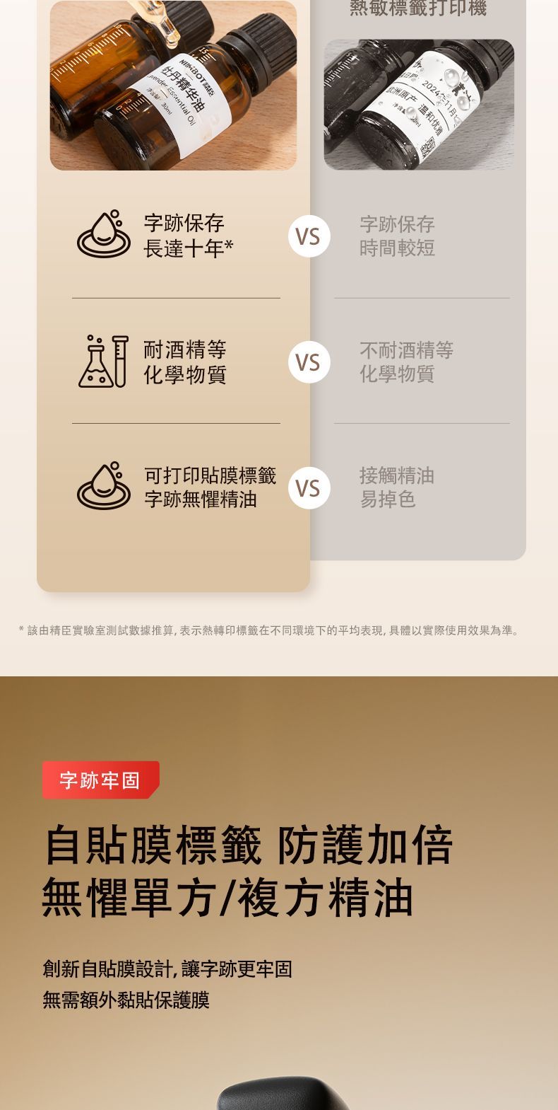 30m牡丹精华油  熱敏標籤打印機洲原产 溫和优雅 |字跡保存字跡保存VS長達十年*時間較短耐酒精等不耐酒精等VS化學物質化學物質可打印貼膜標籤接觸精油VS字跡無懼精油易掉色* 該由精臣實驗室測試數據推算,表示熱轉印標籤在不同環境下的平均表現,具體以實際使用效果為準。字跡牢固自貼膜標籤 防護加倍無懼單方/複方精油創新自貼膜設計,讓字跡更牢固無需額外黏貼保護膜