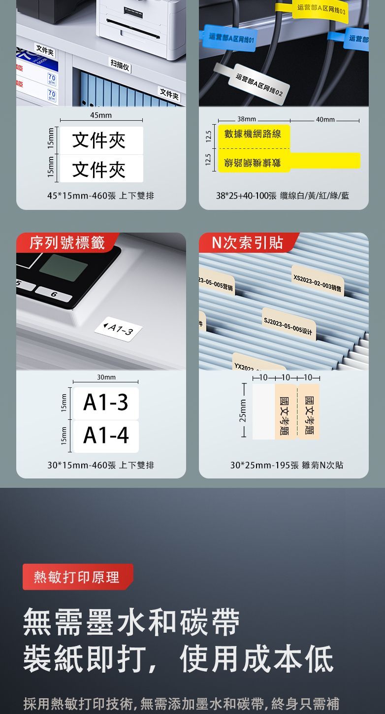 运营部A区网线01运营部A区网线03运营部运营部A区网线02文件夹扫描仪 |40mm文件夹70 38mm70數據機網路線15mm 15mm45mm文件夾文件夾45*15mm-460張 上下雙排38*25+40-100張 纜線白/黃/紅/綠/藍序列號標籤次索引貼XS2023-02-003销售23-05-005营销SJ2023-05-005设计56A1-315mm15mm30mmA1-3A1-4101010-國文考題國文考題30*15mm-460張 上下雙排30*25mm-195張 N次貼熱敏打印原理無需墨水和碳帶裝紙即打,使用成本低採用熱敏打印技術,無需添加墨水和碳帶,終身只需補