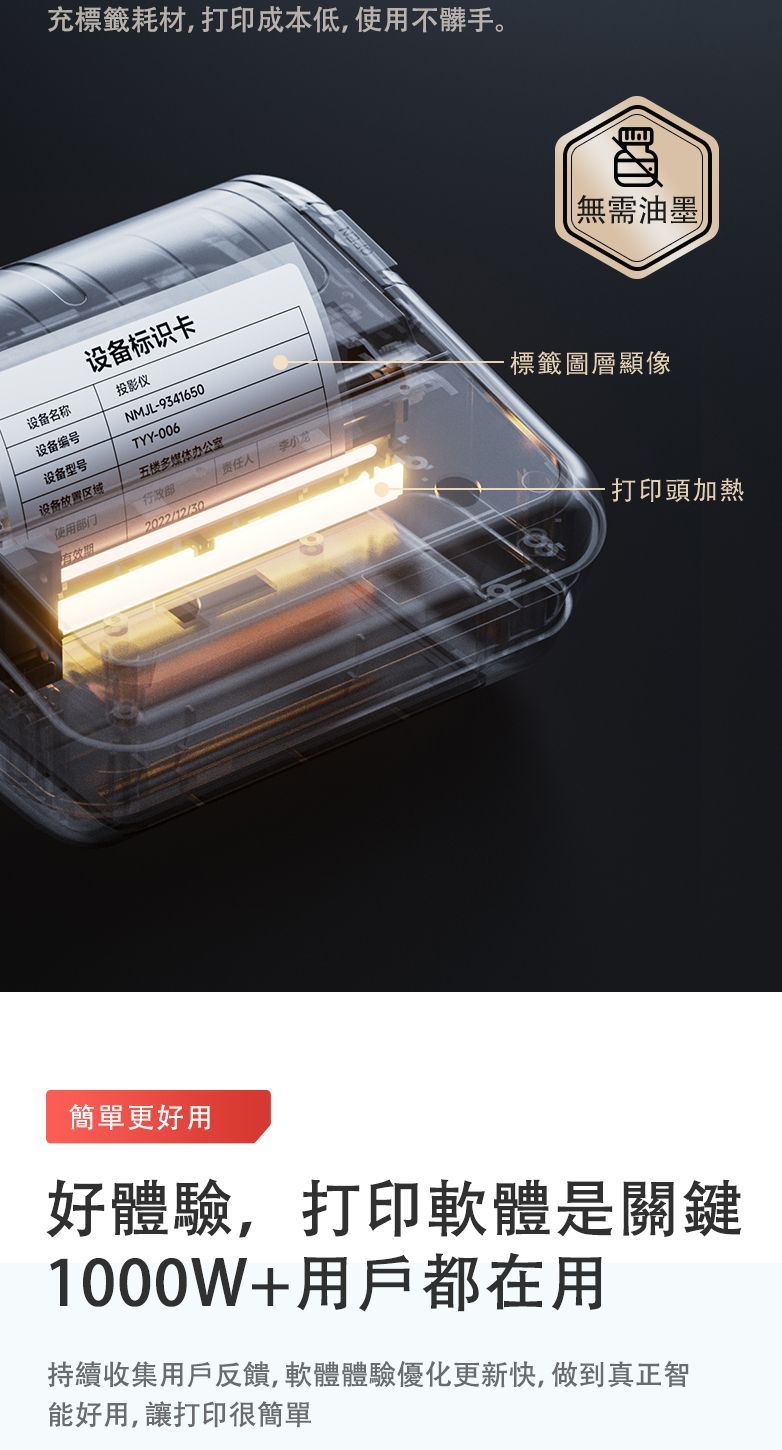 充標籤耗材,打印成本低,使用不髒手。设备标识卡设备名称投影仪设备编号NMJL-9341650设备型号TYY-006设备放置区域办公室使用门部责任李小龙有效期2022/12/30無需油墨-標籤圖層顯像·打印頭加熱簡單更好用好體驗,打印軟體是關鍵1000W+用戶都在用持續收集用戶反饋,軟體體驗優化更新快,做到真正智能好用,讓打印很簡單