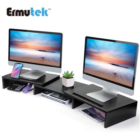 Ermutek™多功能桌上型雙螢幕增高架/可調式LCD電腦螢幕收納架/桌上收納空間整理螢幕置物架 (黑色/橡木紋可選)