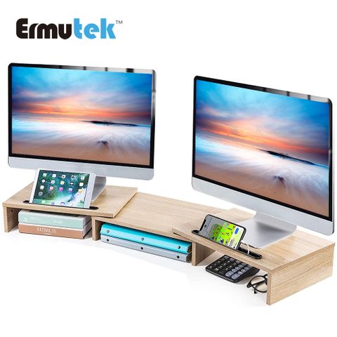Ermutek™多功能桌上型雙螢幕增高架/可調式LCD電腦螢幕收納架/桌上收納空間整理螢幕置物架 (黑色/橡木紋可選)