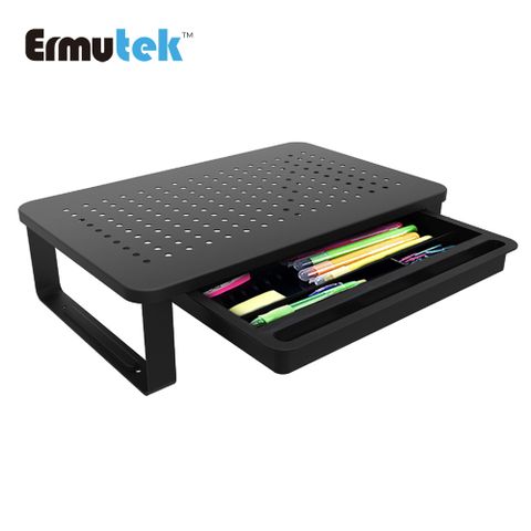 Ermutek™ 桌上型螢幕收納架/多功能螢幕增高架+抽屜設計方便收納-金屬材質穩固耐用 (黑色)