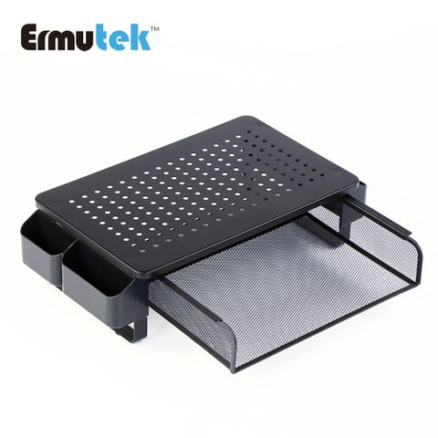 Ermutek 新款桌上型螢幕收納架/多功能螢幕增高架, 雙側置物收納槽+抽拉式抽屜設計-金屬材質穩固耐用 (黑色)