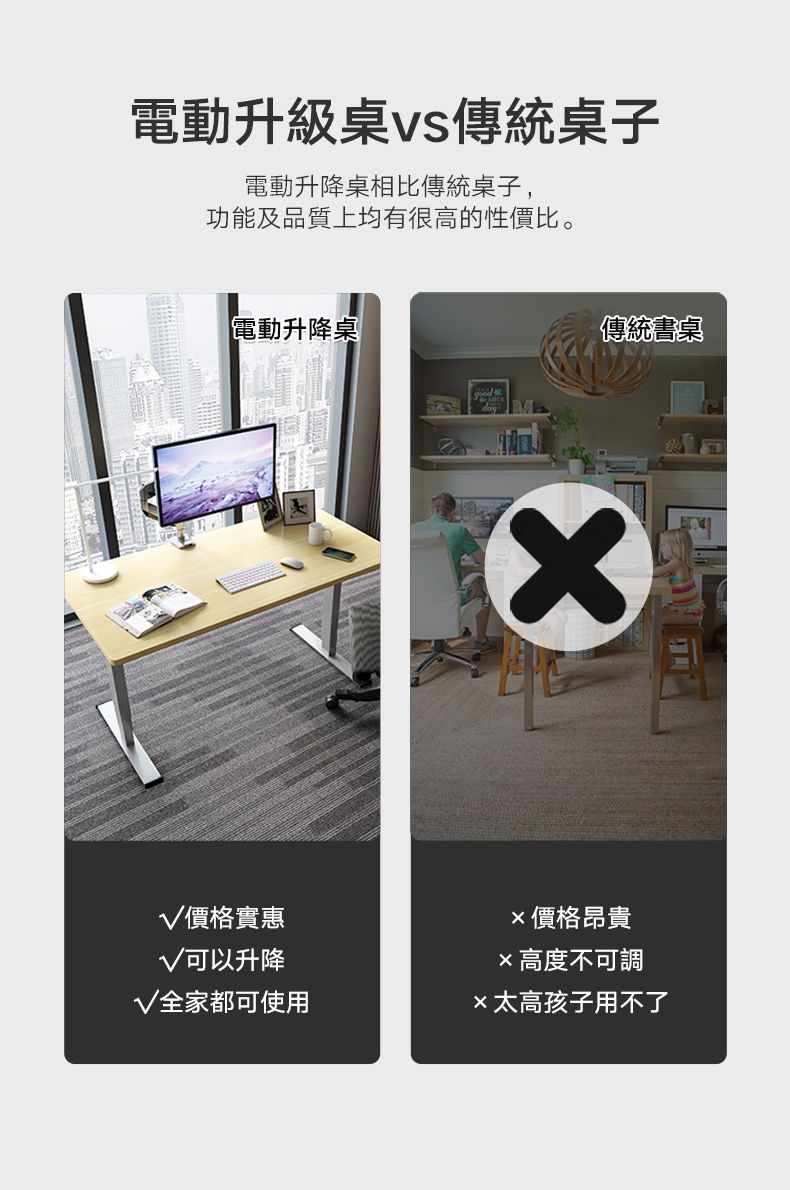 電動升級桌傳統桌子電動升降桌相比傳統桌子,功能及品質上均有很高的性價比。電動升降桌傳統書桌價格實惠可以升降價格昂貴高度不可調都可使用太高孩子用不了