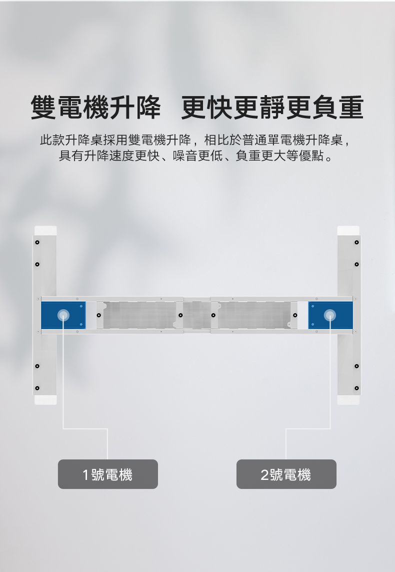 雙電機升降 更快更靜更負重此款升降桌採用雙電機升降,相比於普通單電機升降桌,具有升降速度更快、噪音更低、負重更大等優點。1號電機2號電機