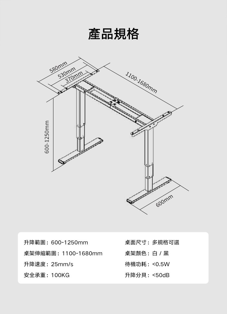 1250mm600-1580mm530mm370mm產品規格升降範圍:600-1250mm桌面尺寸:多規格可選桌架伸縮範圍:1100-1680mm升降速度:25mm/s安全承重:100KG桌架顏色:/ 黑待機功耗:0.5W升降分貝:50dB600mm1100-1680mm