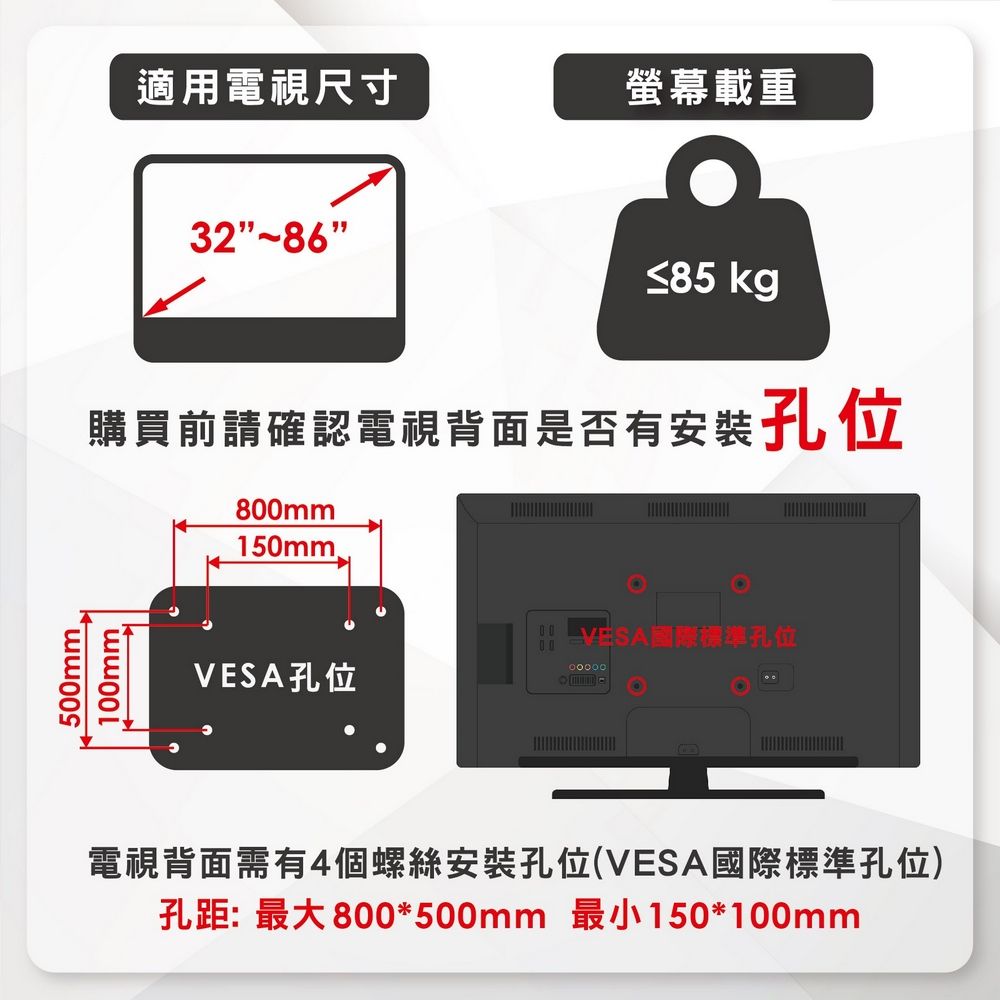 ErgoGrade 32~86吋大載重多功能拉伸電視壁掛架(EGA8050)