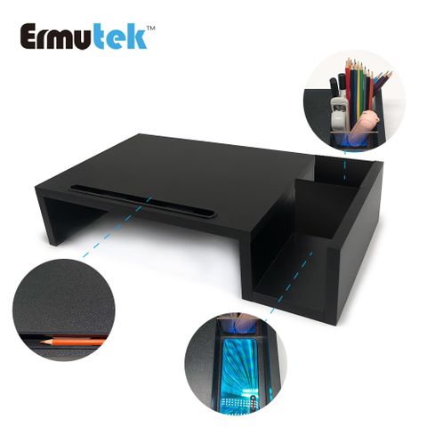 Ermutek™ 桌上型辦公收納置物架多功能螢幕增高架_筆筒/手機槽/置物槽設計,螢幕收納架/多功能螢幕增高架_黑色
