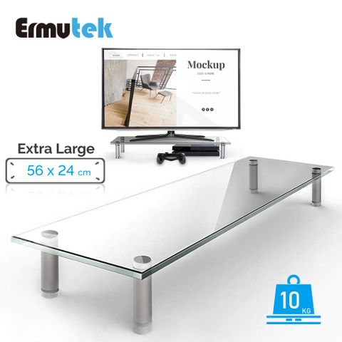 Ermutek 加長版強化鋼化玻璃桌上型螢幕收納架/多功能螢幕增高架-底部可收納鍵盤