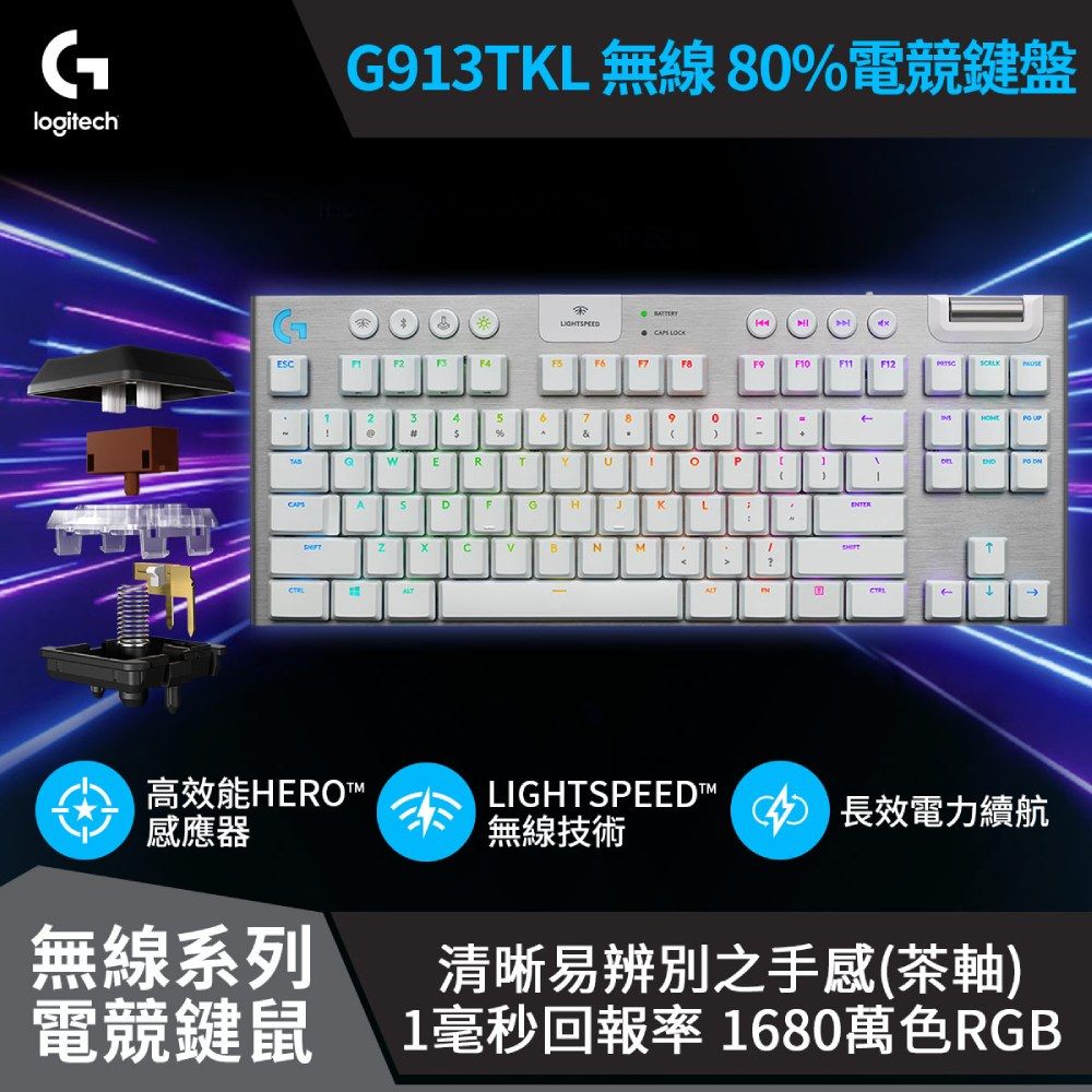 Logitech 羅技】G913 TKL 無線80%機械式電競鍵盤茶軸/極光白- PChome