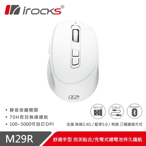 【iRocks】M29R 藍牙無線三模 光學靜音滑鼠 -白色無線2.4G、藍牙跟USB有線介面