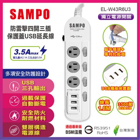 【SAMPO 聲寶】EL-W43R6U3 防雷擊四開三插保護蓋 USB延長線 6尺防雷擊與USB保護蓋設計