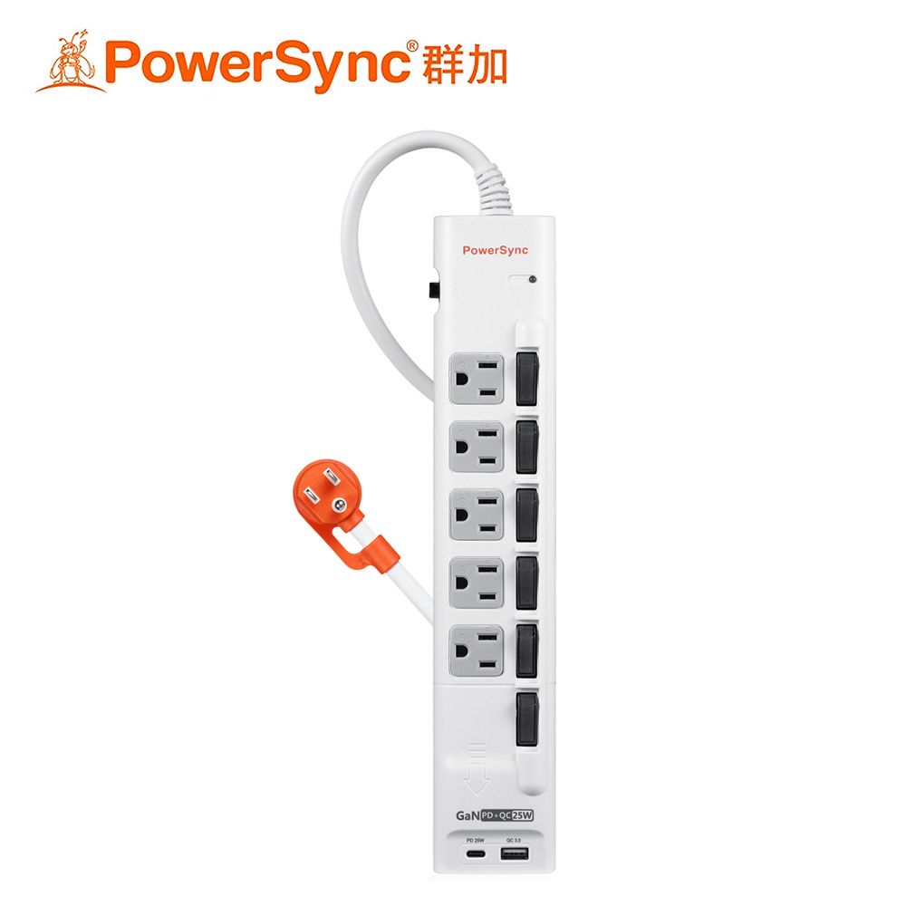 PowerSync 群加 6開5插GaN快充防雷擊延長線-1.8M