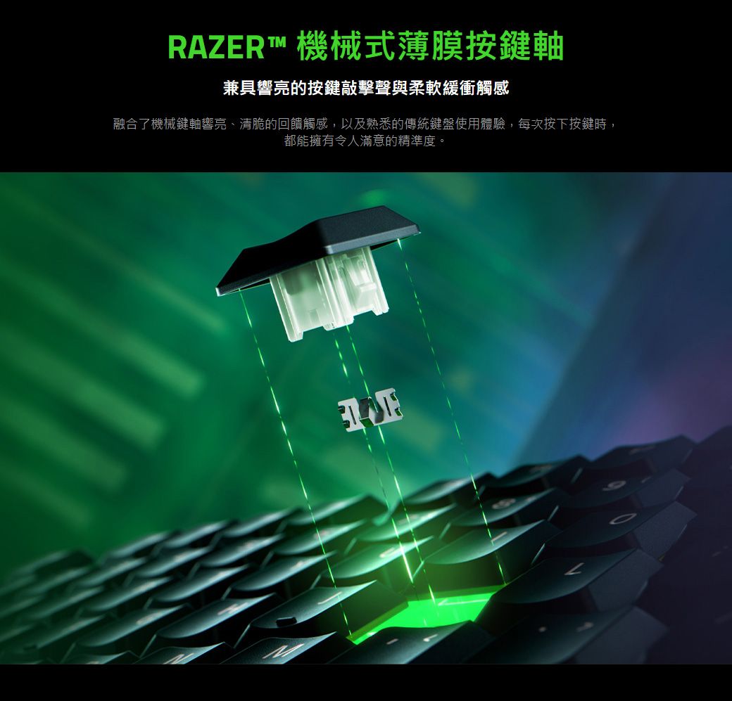 RAZER™ 機械式薄膜按鍵軸兼具響亮的按鍵敲擊聲與柔軟緩衝觸感融合了機械鍵軸響亮、清脆的回饋觸感,以及熟悉的傳統鍵盤使用體驗,每次按下按鍵時,都能擁有令人滿意的精準度。