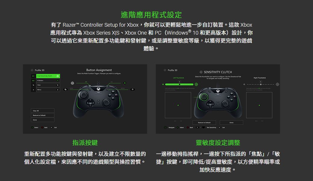 進階應用程式設定有了 Razer™ Controller Setup for Xbox,你就可以更輕鬆地進一步自訂裝置。這款Xbox應用程式 Xbox Series Xbox ne 和 Windows ® 10 和更高版本)設計,你可以透過它來重新配置多功能鍵和發射鍵,或是調整靈敏度等級,以獲得更完整的遊戲體驗。 30Butn Assignment Profile 30SENSITIVITY CLUTCH      to    you  to   the  O     to  to 指派按鍵重新配置多功能按鍵與發射鍵,以及建立不限數量的個人化設定檔,來因應不同的遊戲類型與操控習慣。靈敏度設定調整一邊移動拇指搖桿,一邊按下所指派的「焦點/「敏捷按鍵,即可降低/提高靈敏度,以方便精準瞄準或加快反應速度。