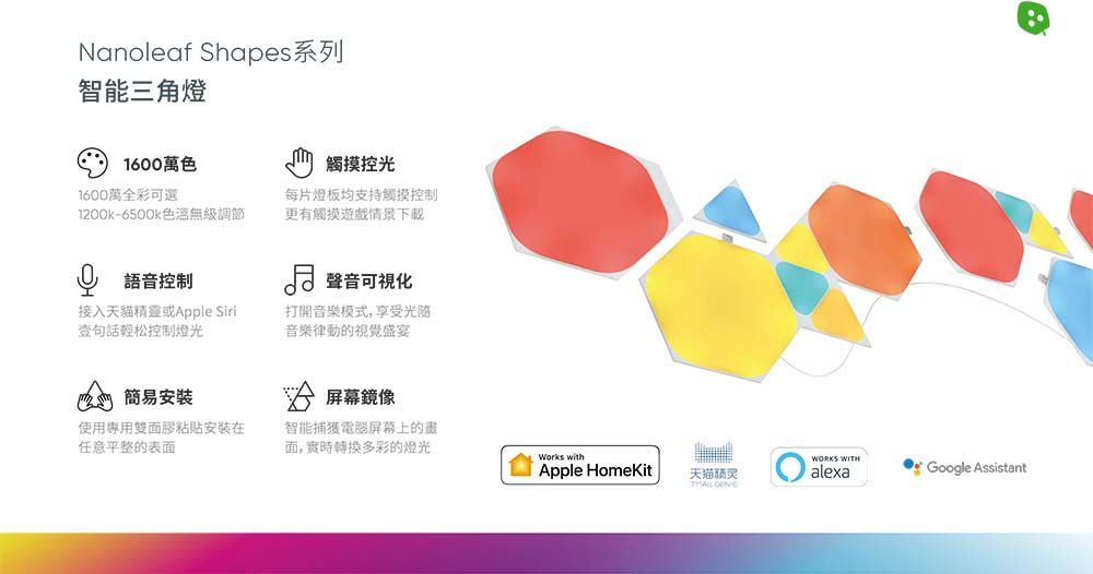 Nanoleaf Shapes系列智能三角燈1600萬色1600萬全彩可選1200k-6500k色溫無級調節語音控制觸摸控光每片燈板均支持觸摸控制更有觸摸遊戲情景下載 聲音可視化接入天貓精靈或Apple Siri句話輕松控制燈光打開模式,享受光音樂律的視覺盛宴簡易安裝使用專用雙面膠粘安裝在任意平整的表面屏幕鏡像智能捕獲電腦屏幕上的面,多彩的燈光Works withApple HomeKit天猫精灵 WORKS WITHalexa Google Assistant