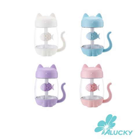 【ALUCKY】貓咪造型多功能加濕器 (粉/紫/白/藍)  350ml USB風扇 USB夜燈 4hr斷電 噴霧加濕