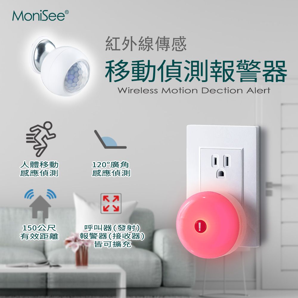 MoniSee®紅外線傳感移動偵測報警器Wireless Motion Dection Alert人體移動120°廣角感應偵測感應偵測150公尺有效距離呼叫器(發射)報警器(接收器)皆可擴充①