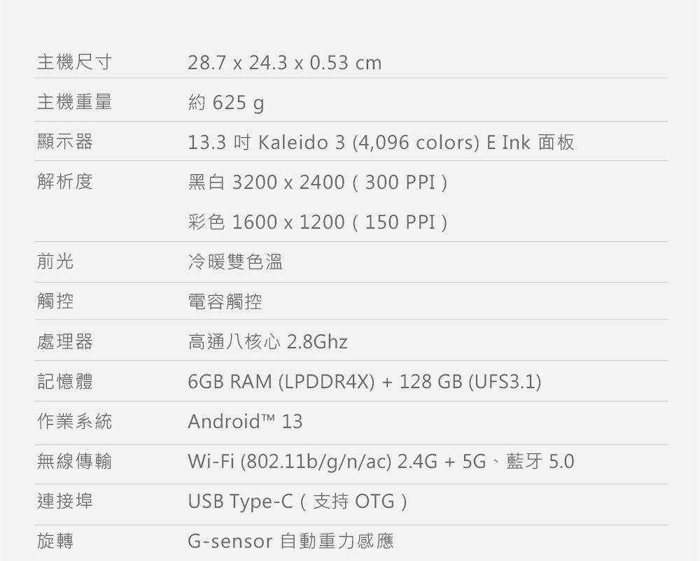主機尺寸主機重量28.7  24.3  0.53 cm約 625 顯示器13.3  Kaleido 3 (4,096 colors) E Ink 面板解析度黑白 3200 x 2400(300 )彩色 1600 x 1200(150 PPI)前光冷暖雙色溫觸控電容觸控處理器高通八核心2.8Ghz記憶體6GB RAM (LPDDR4X) +128GB (UFS3.1)作業系統無線傳輸連接埠旋轉Android 13Wi-Fi (802.11b/g/n/ac)2.4G+5G、藍牙5.0USB Type-C (支持 OTG )G-sensor 自動重力感應