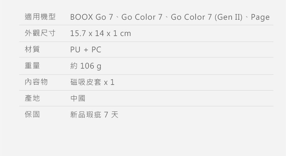 適用機型BOOX Go 7、Go Color 7、Go Color 7 (Gen )、Page外觀尺寸5.7  14 x 1 cm材質PU + PC重量約 106 內容物磁吸皮套 x 1產地中國保固新品瑕疵7天