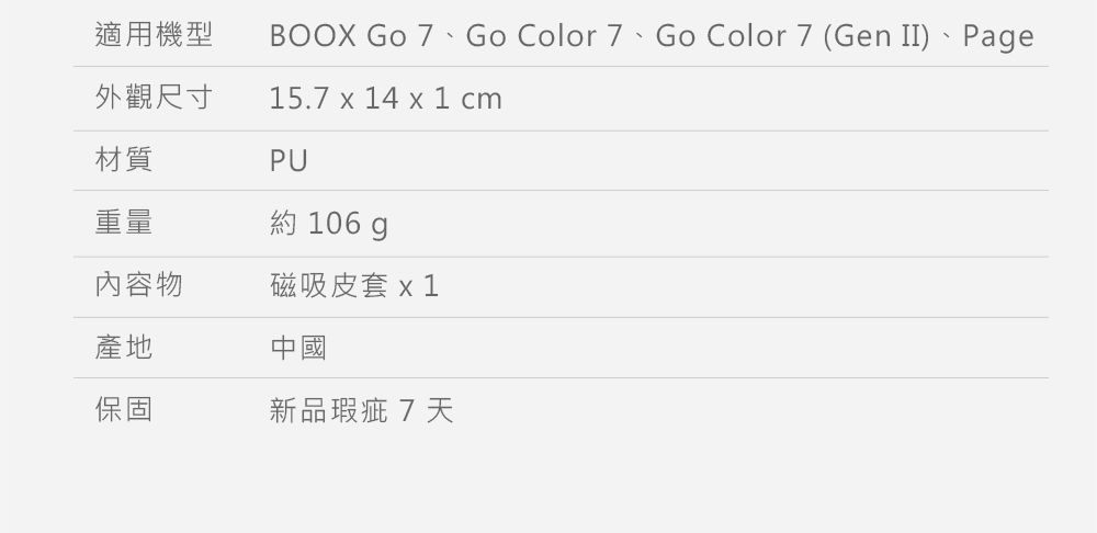 適用機型BOOX Go 7、Go Color 7、Go Color 7 (Gen )、Page外觀尺寸15.7 x 14 x 1 cm材質PU重量約 106gp內容物磁吸皮套 x 1產地中國保固新品瑕疵7