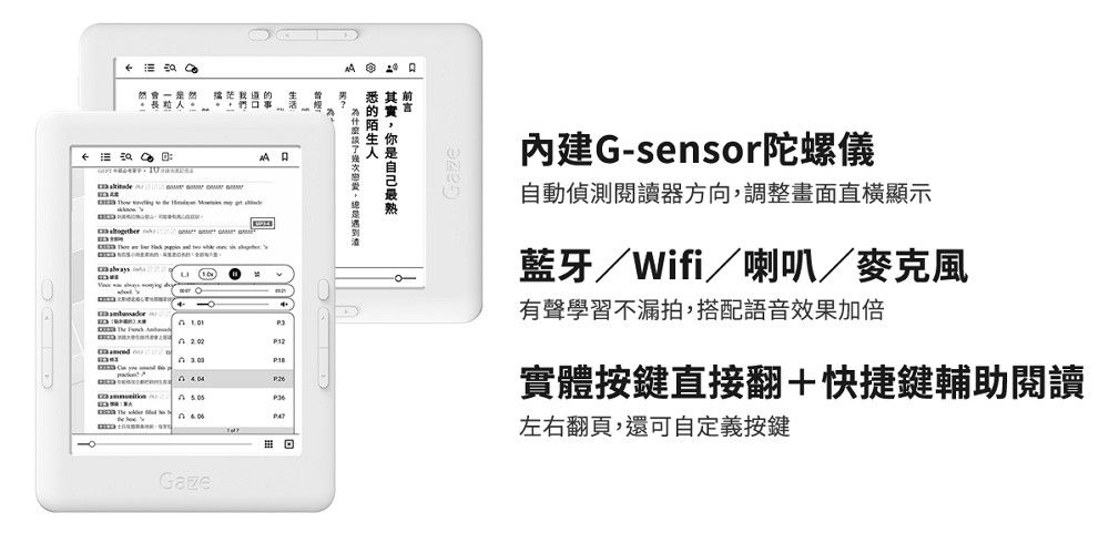 然然                  Gaze   G-sensor陀螺儀自動偵測閱讀器方向,調整畫面直顯示藍牙/Wifi/喇叭/麥克風有聲學習不漏拍,搭配語音效果加倍實體按鍵直接翻+快捷鍵輔助閱讀左右翻頁,還可自定義按鍵