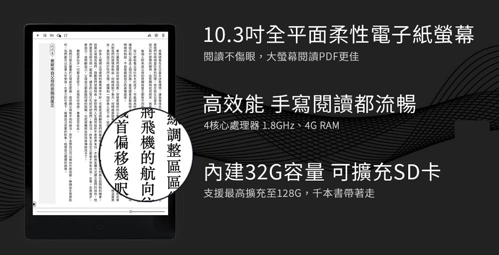 10.3全平面柔性電子紙螢幕閱讀不傷眼,大螢幕閱讀PDF更佳高效能 手寫閱讀都流暢4核心處理器1.8GHz、4G RAM內建32G容量 可擴充SD卡支援最高擴充至128G,千本書帶著走