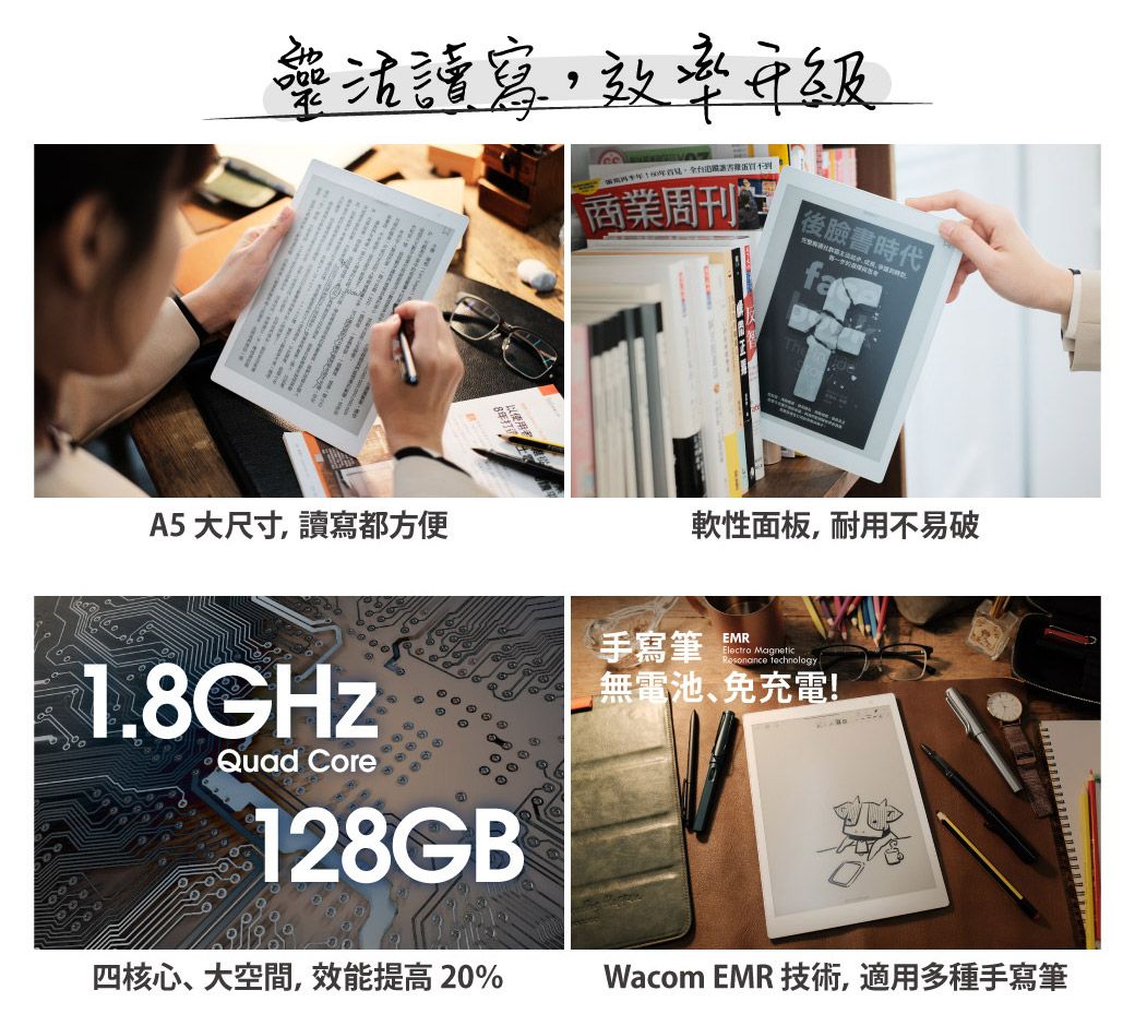 讀寫,效率商業周刊後臉書時代A5 大尺寸,讀寫都方便1.8GHz Quad Core128GB四核心大空間,效能提高20%軟性面板,耐用不易破手寫筆EMRElectro MagneticResonance technology無電池、免充電!Wacom EMR 技術,適用多種手寫筆