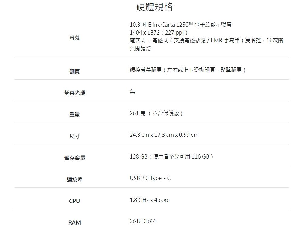 螢幕硬體規格10.3 吋 E Ink Carta 1250T 電子紙顯示螢幕14041872 (227 ppi)電容式 + 電磁式(支援電磁感應/ EMR 手寫筆)雙觸控,16灰階無閱讀燈翻頁觸控螢幕翻頁(左右或上下滑動翻頁、點擊翻頁)螢幕光源無重量尺寸261克 (不含保護殼)24.3 cm x 17.3 cm x 0.59 cm儲存容量連接埠128 GB(使用者至少可用 116 GB )USB 2.0 Type-CCPU1.8 GHz x 4 coreRAM2GB DDR4