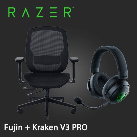 RAZER 雷蛇 Kraken V3 PROwith HyperSense 無線電競耳機+Fujin 風靈網狀人體工學電競椅(需自行組裝)