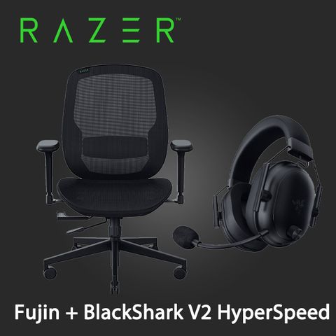 RAZER 雷蛇 BlackShark V2 HyperSpeed 超輕量無線電競耳麥+Fujin 風靈網狀人體工學電競椅(需自行組裝)