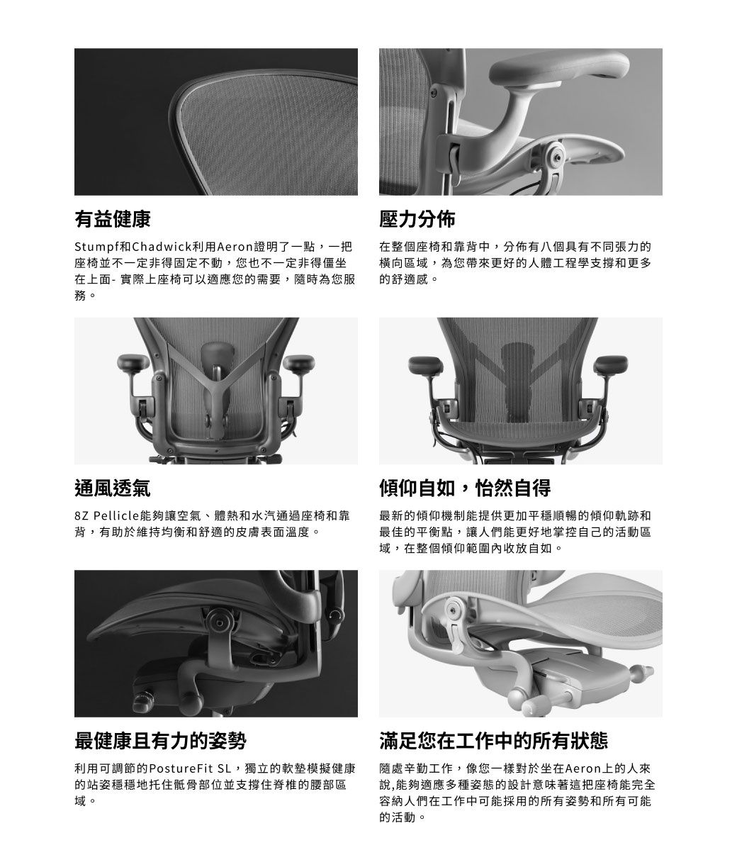有益健康Stumpf和Chadwick利用Aeron證明了一點,一把座椅並不一定非得固定不動,您也不一定非得僵坐在上面- 實際上座椅可以適應您需要,隨時為您服務。壓力分佈在整個座椅和靠背中,分佈有八個具有不同張力的橫向區域,為您帶來更好的人體工程學支撐和更多的舒適感。通風透氣8Z Pellicle能夠讓空氣體熱和水汽通過座椅和靠背,有助於維持均衡和舒適的皮膚表面溫度。傾仰自如,怡然自得最新的傾仰機制能提供更加平穩順暢的傾仰軌跡和最佳的平衡點,讓人們能更好地掌控自己的活動區域,在整個傾仰範圍內收放自如。最健康且有力的姿勢利用可調節的PostureFit SL,獨立的軟墊模擬健康的站姿穩穩地托住骶骨部位並支撐住脊椎的腰部區域。滿足您在工作中的所有狀態隨處辛勤工作,像您一樣對於坐在Aeron上的人來說,能夠適應多種姿態的設計意味著這把座椅能完全容納人們在工作中可能採用的所有姿勢和所有可能的活動。
