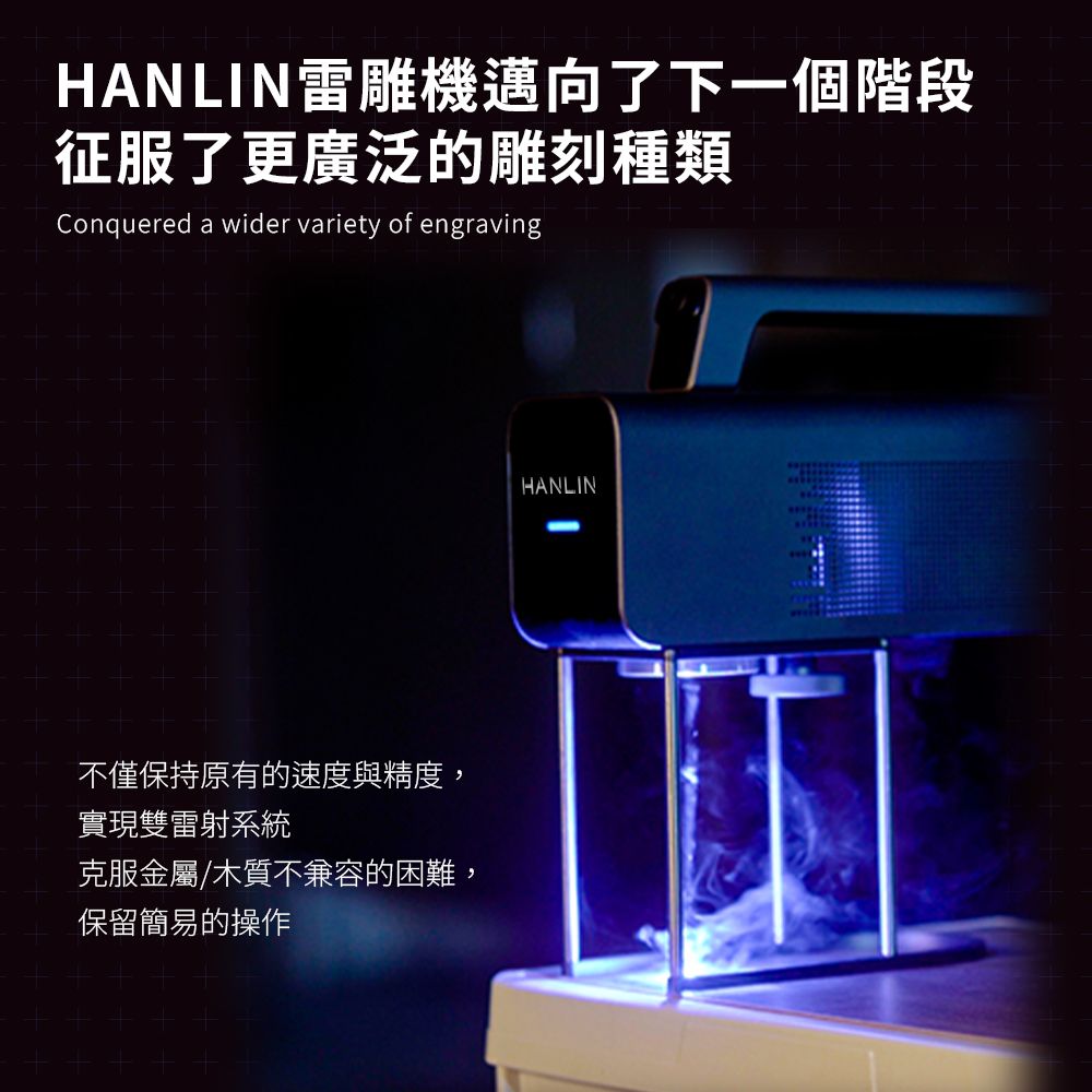 HANLIN雷雕機邁向了下一個階段征服了更廣泛的雕刻種類Conquered a wider variety of engraving不僅保持原有的速度與精度,實現雙雷射系統克服金屬/木質不兼容的困難,保留簡易的操作HANLIN